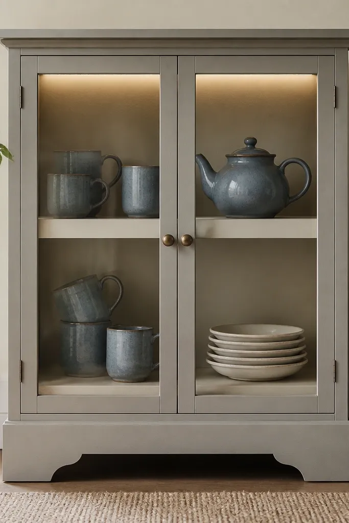 A small cabinet with glass doors. Inside are dusty blue mugs, a matching teapot, and a few cream saucers. A thin strip of warm-white LED lighting is visible along the top edge.