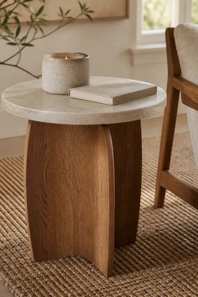 A small round side table near a reading chair. Under it is a woven jute rug or runner with a natural tan color. On top sits a ceramic candle holder and a book with a neutral cover.