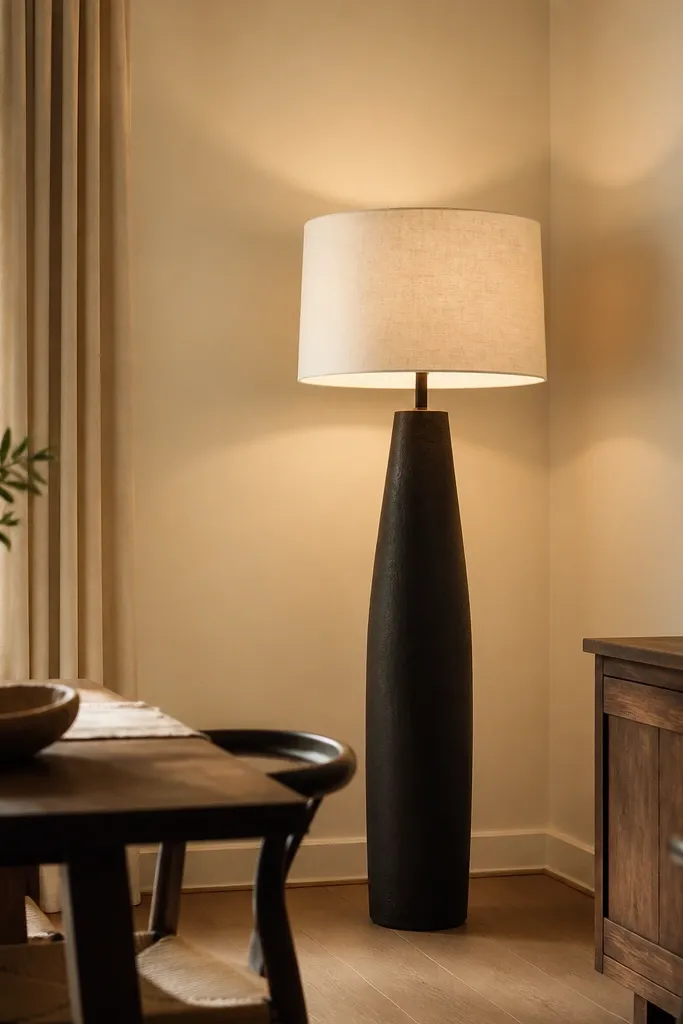 A corner of the dining room with a floor lamp. The lamp has a light linen shade and a dark base. Warm light fills the corner and softens shadows on cream walls.