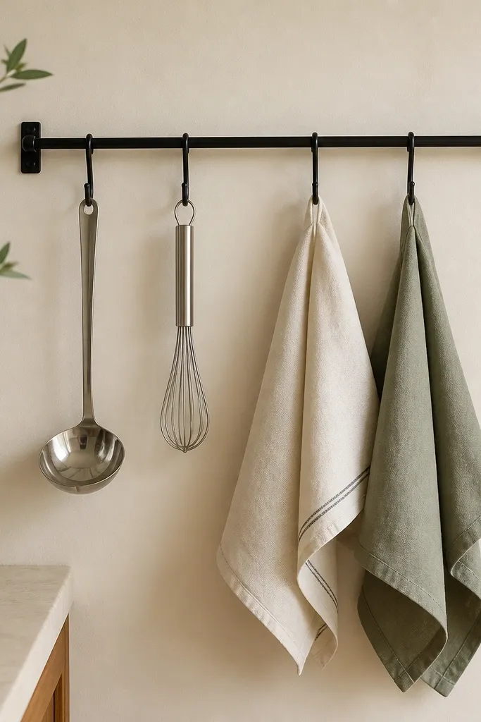 A slim black hook rail mounted on a cream wall. Hanging from it are a metal ladle, a small whisk, and two folded dish towels in cream and muted green.