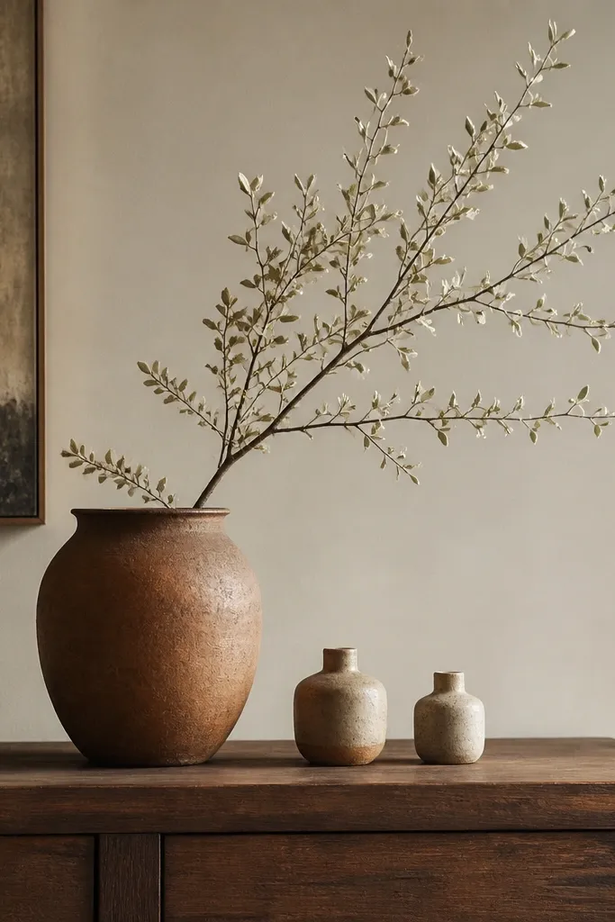 A rust terracotta pot on a dining sideboard. Inside is a single branch with small pale leaves. There are two tiny jars nearby for balance.