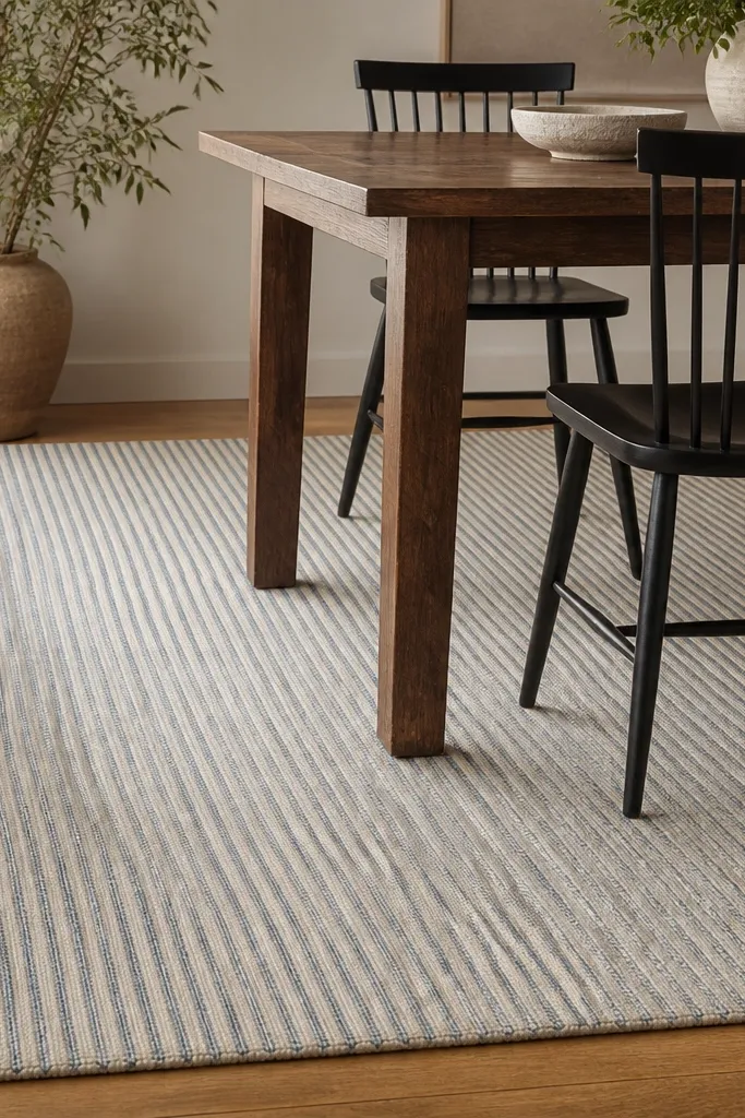 A dining rug with short pile and thin stripes in cream and dusty blue. The rug sits under a dining table with the chair legs on top of the rug.