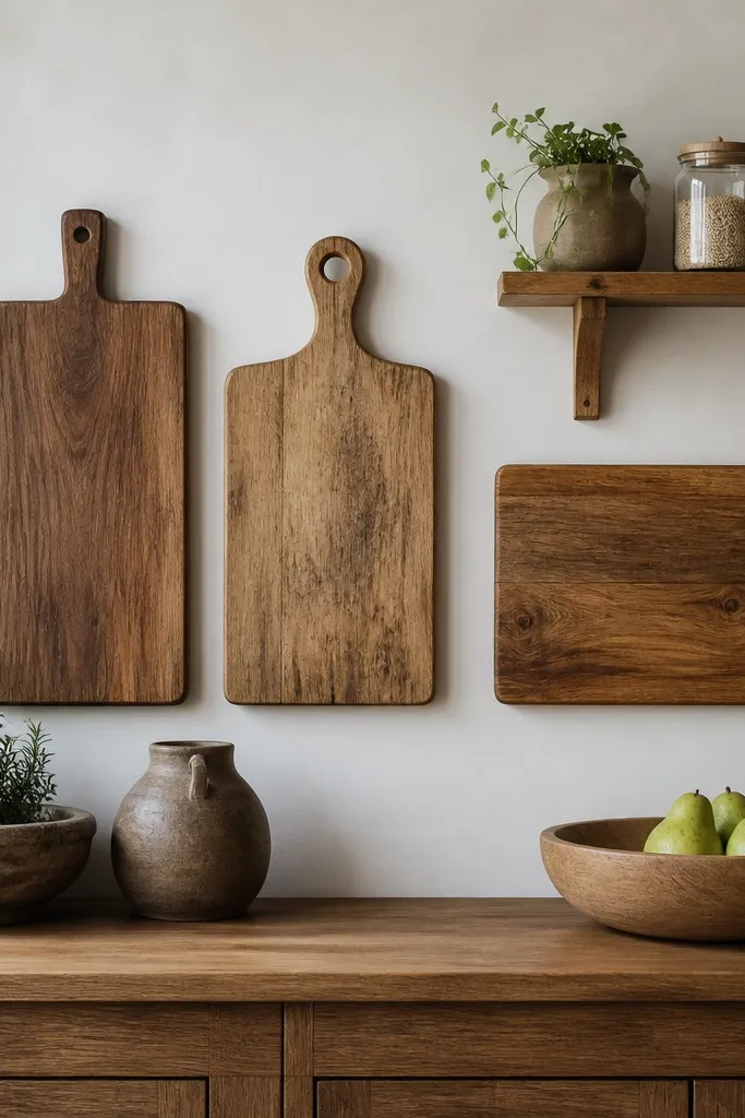 Three different wood cutting boards mounted or propped on a wall above a sideboard. Two are vertical, one is horizontal. A small shelf with jars sits nearby.
