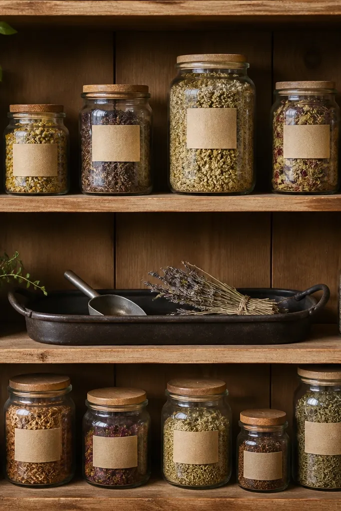 Open shelves in warm wood with multiple jars. A dark metal tray sits in the center with a scoop and a small bundle of dried herbs. Jars have simple kraft labels.