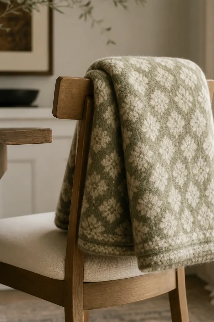 A dining chair with a cream linen seat. A wool-look throw is folded over the chair back, showing a muted green and cream pattern. The throw texture looks thick and slightly fuzzy.