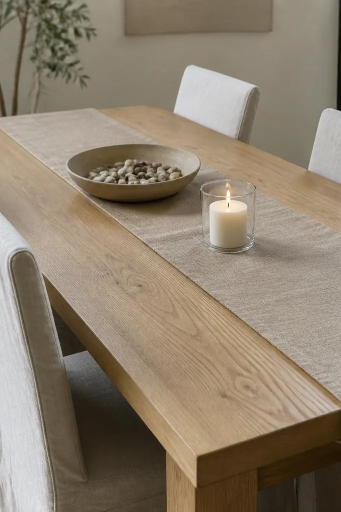 A light wood dining table with visible grain, set with a long sand-colored linen runner. Four chairs have pale slipcovers. On the runner sits a shallow ceramic bowl with small pebbles, and a single off-white candle in a glass holder.
