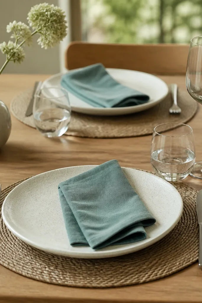 White dinner plates with subtle speckling are paired with folded napkins in muted teal-gray. The table has a thin woven placemat under each setting. A small vase holds a single stem in pale green.