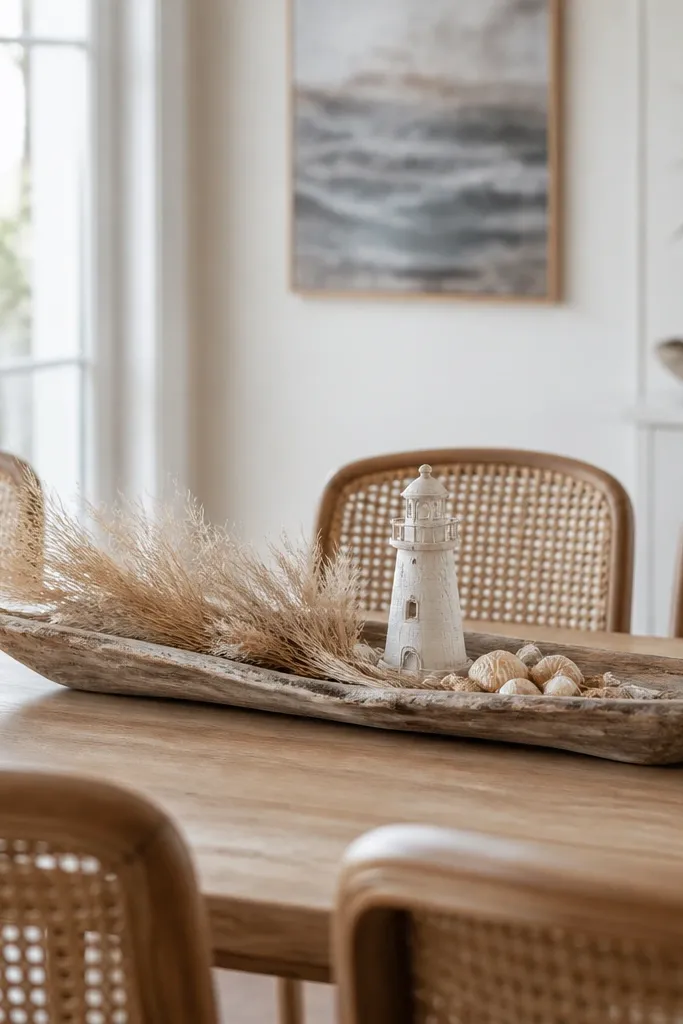 Dining chairs with rattan backs surround a table. Centered on the table is a long tray made from driftwood-colored wood. Inside are a few dried grasses, a small ceramic lighthouse figurine, and a cluster of tiny seashells.
