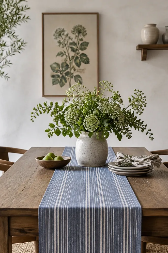 A blue-gray striped runner runs down the center of the dining table. The wall behind looks whitewashed with a slightly uneven texture. There's a framed botanical print in muted greens and a small wall shelf with ceramic jars.
