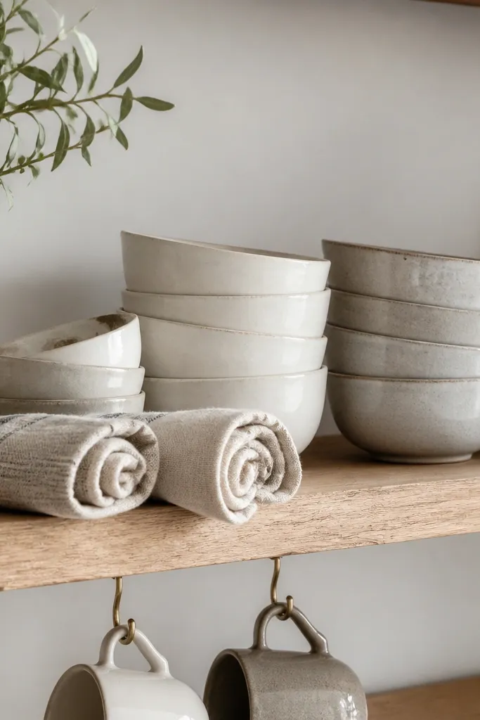 An open kitchen shelf holds stacked stoneware bowls in warm white and light gray. Rolled linen kitchen towels sit in front, and a couple of ceramic cups hang on hooks.