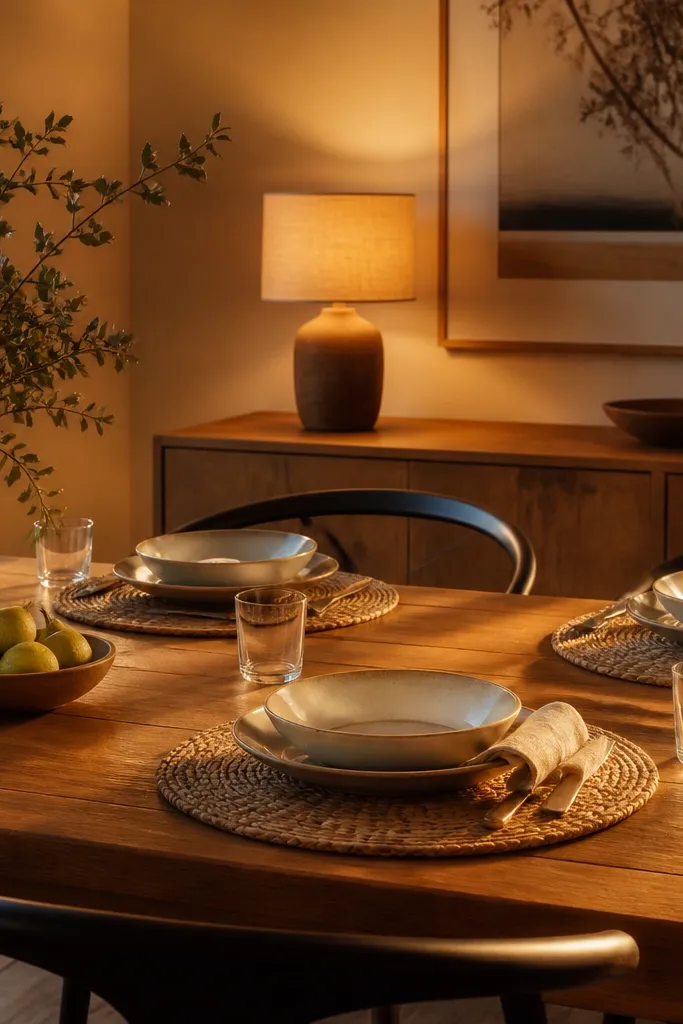 A dining table with woven jute placemats. A warm-toned lamp with a beige linen shade sits on a sideboard behind the dining area. The evening light makes the table look golden.