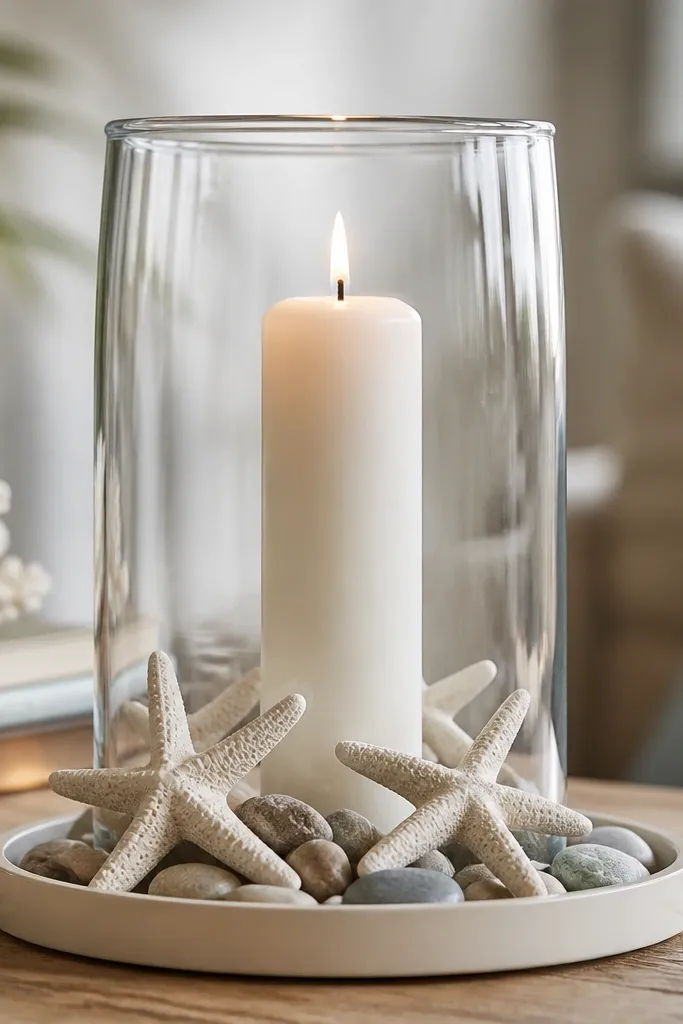 A centerpiece with one tall white candle inside a clear glass hurricane. Around the base are a few ceramic starfish and small smooth stones on a shallow tray.
