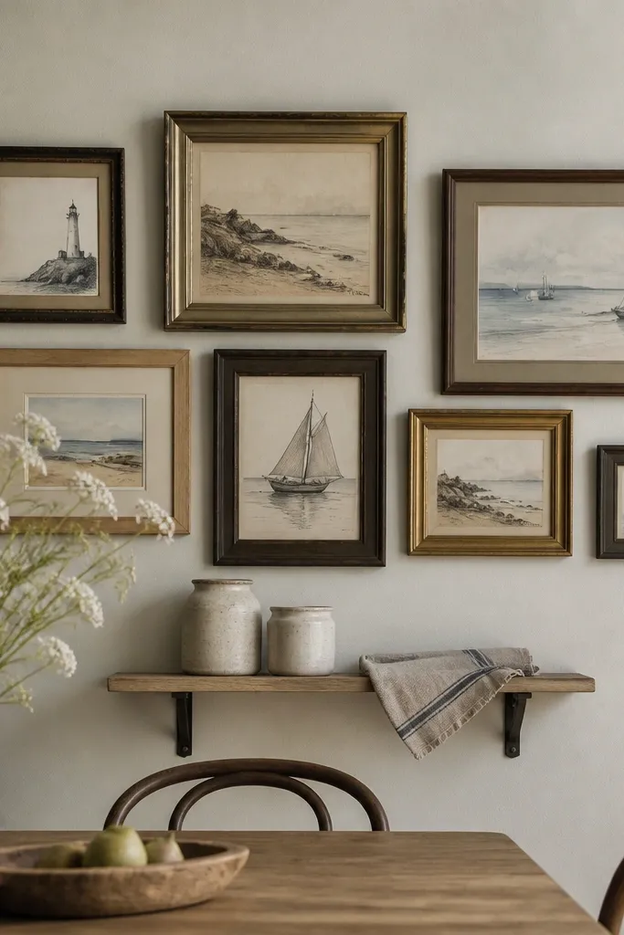 A cluster of thrifted picture frames above a dining table. Inside are coastal sketches in muted blues and sandy beiges. A small shelf holds two ceramic jars and a folded linen cloth.