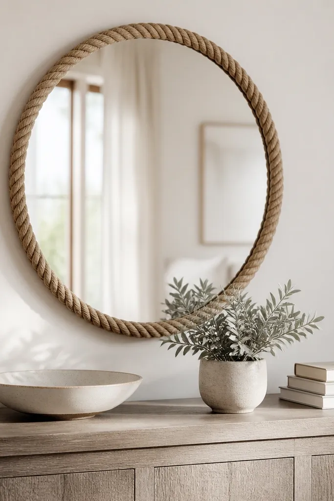 A round mirror with rope trim hangs above a driftwood-colored console. On the console are a ceramic bowl, a small potted plant with silvery leaves, and a stack of books with neutral covers.