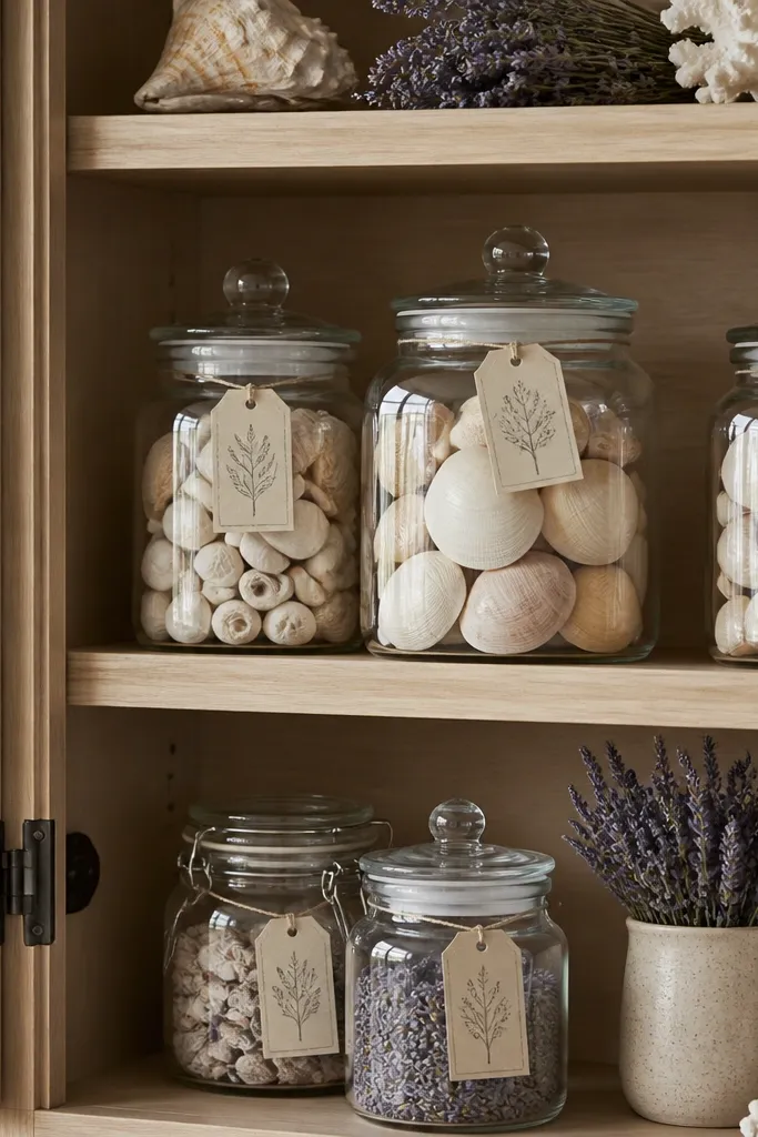 An open cabinet shows clear glass jars filled with smooth shells and a few dried lavender stems. The cabinet has light wood shelves. The jars are labeled with small tags in muted ink.