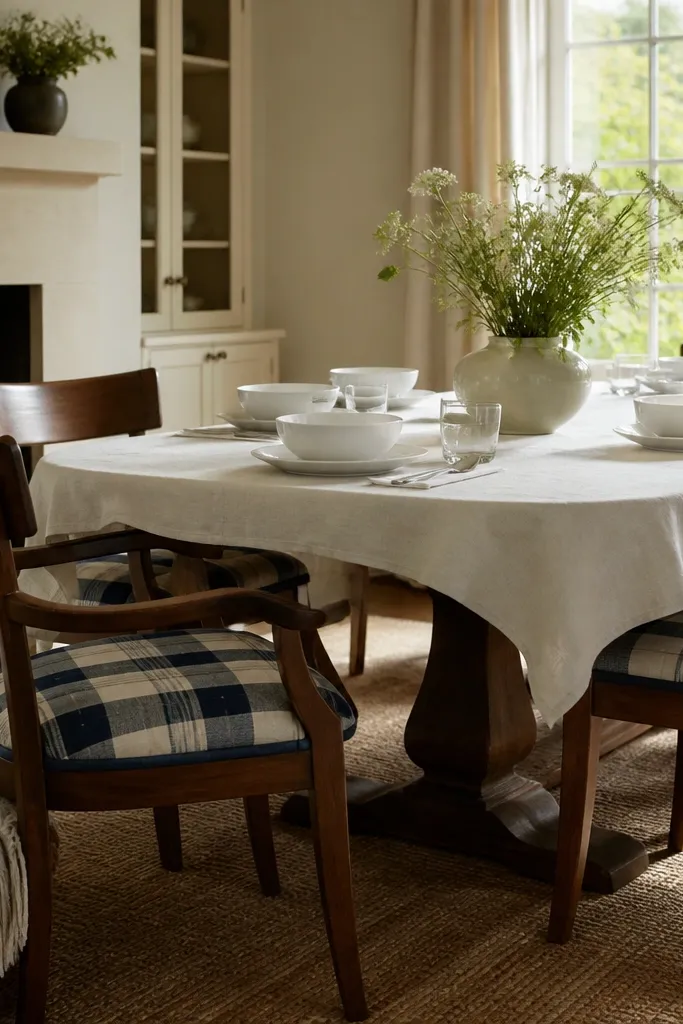 Dining chairs have blue-and-cream plaid cushions. The table is set with a cream tablecloth and simple white bowls. A small basket sits by the chair with folded throws.