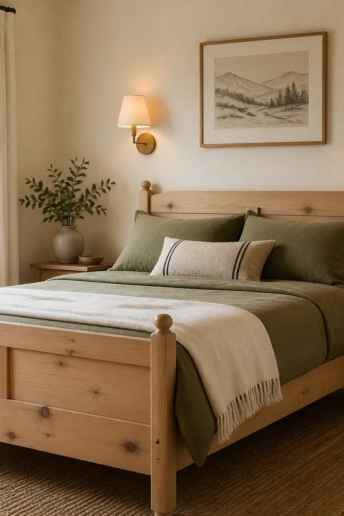 A small bedroom corner with a light pine bed, a white linen throw folded at the foot, and two matching warm wall sconces flanking a simple framed landscape sketch. The walls are pale cream, and the floor has a small jute rug under the bed.