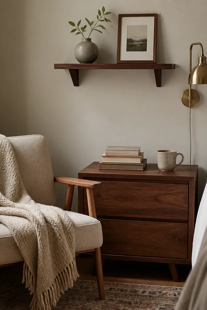 A corner of a small bedroom with a walnut-toned nightstand, a slim wall shelf above it, and a small reading chair. A book stack sits beside a ceramic mug, and a knit blanket is draped over the chair.