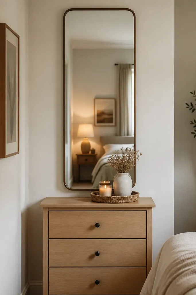 A compact bedroom wall with a narrow dresser in light wood, a tall mirror centered above it, and a small tray with a candle and dried flowers. The mirror reflects the warm lamp and makes the room look longer.
