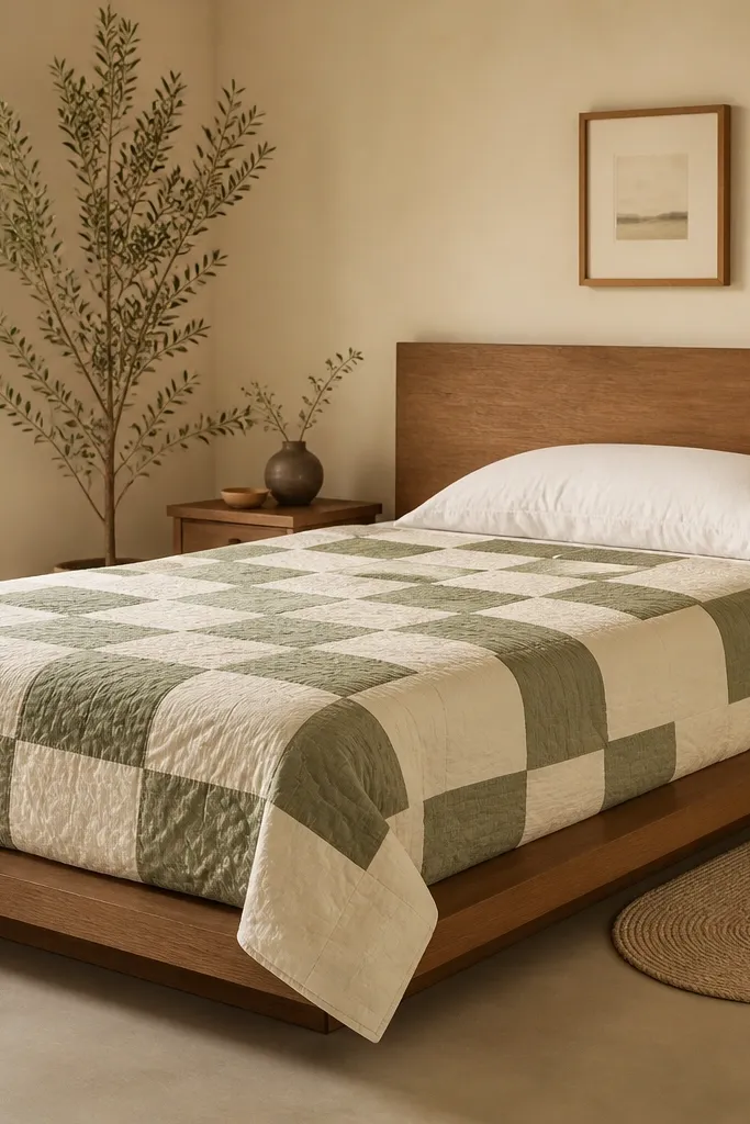 A low platform bed with a quilt in sage green and cream blocks, a white pillow, and a simple wooden headboard. The walls are warm cream, and a small oval rug sits beside the bed.