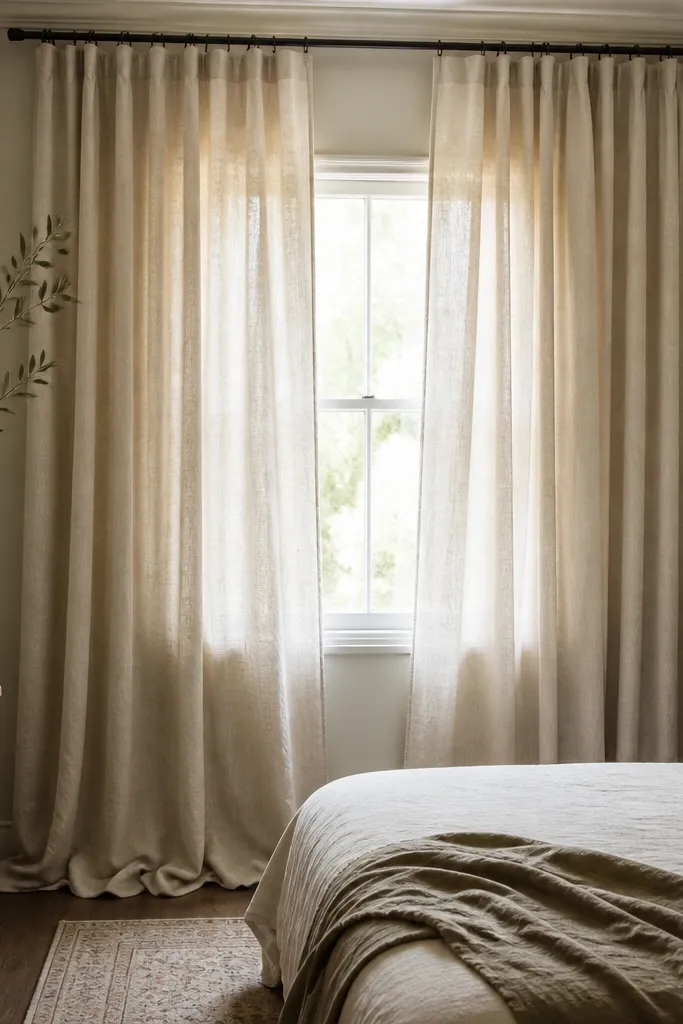 A small bedroom window covered with two linen curtain panels that hang high and wide. The rod is mounted near the ceiling, and the curtains pool slightly on the floor with warm natural folds.