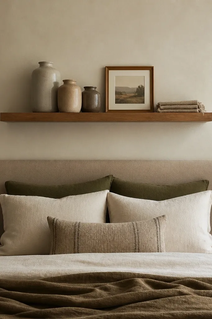 A floating shelf above the bed holding three ceramic jars, a small framed picture, and a folded cloth. The shelf is centered and the items are grouped by height.