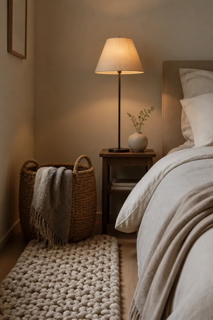 A small bedside area with a chunky knit runner on the floor, a woven basket next to the bed, and a slim lamp with a warm shade. The walls are muted beige and the bed has a neutral duvet.