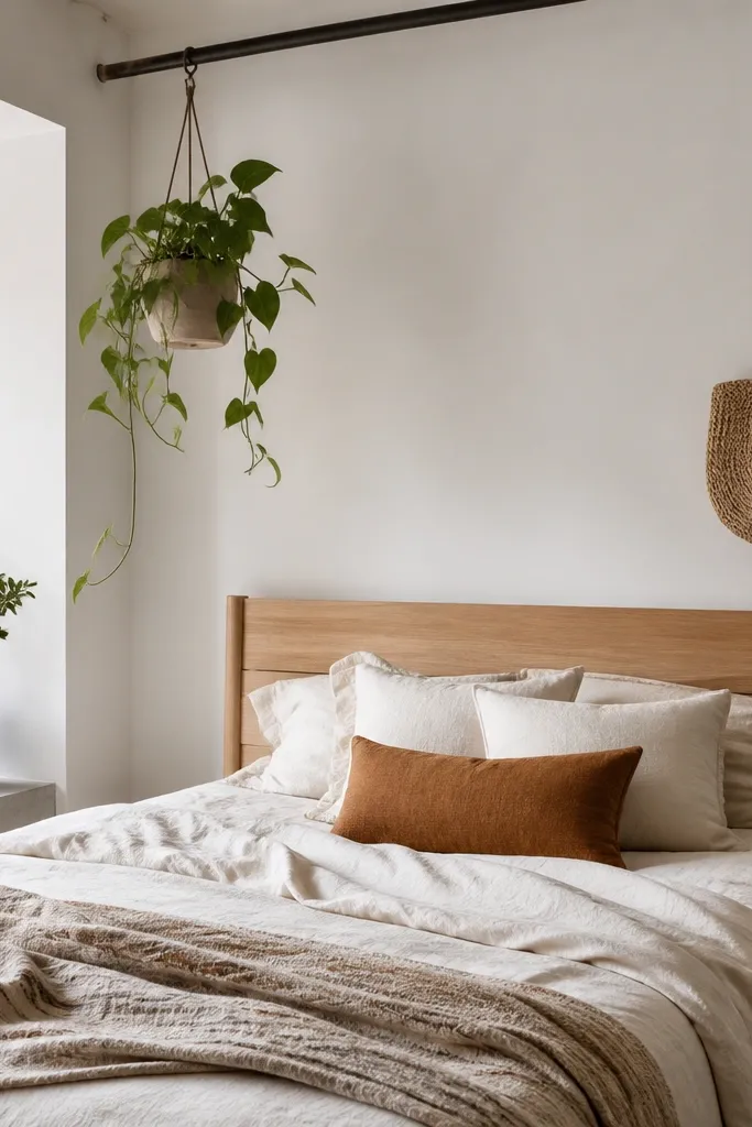 A dark metal rail runs above the bed area with a hanging plant in a simple pot. The bed is light wood, and a small wall hook holds a woven bag.