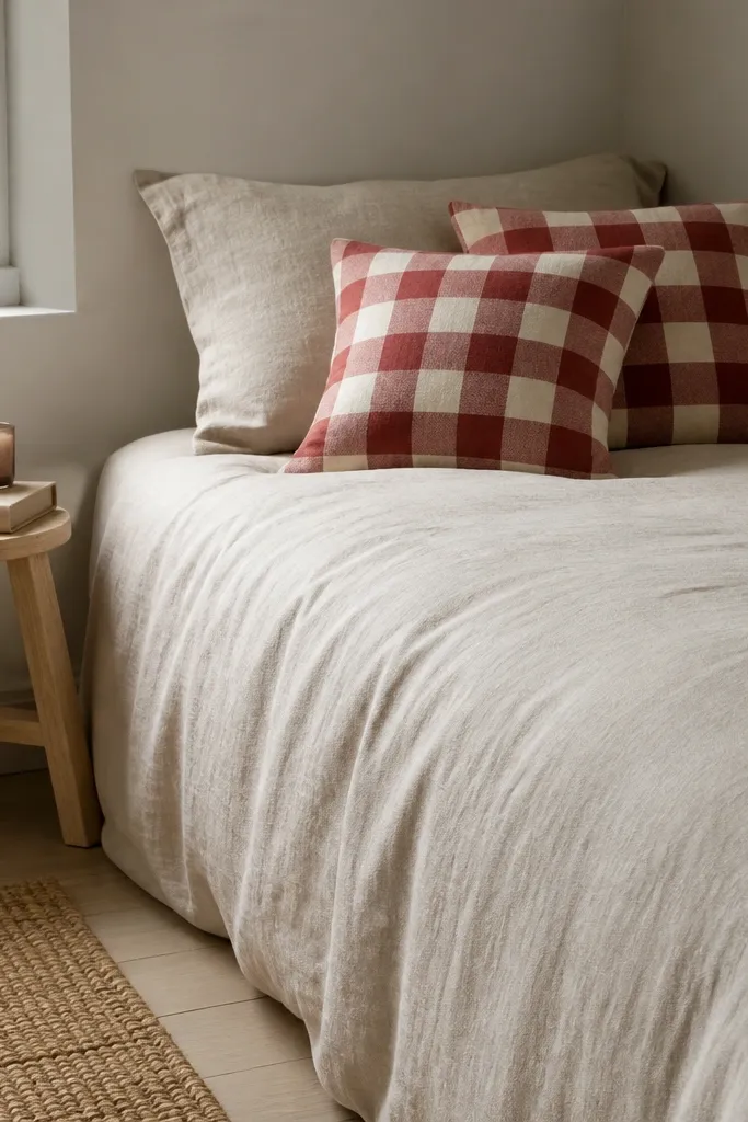 A neutral duvet on a small bed with two throw pillows in red and cream check pattern. There's a small wooden side table with a candle and a book.