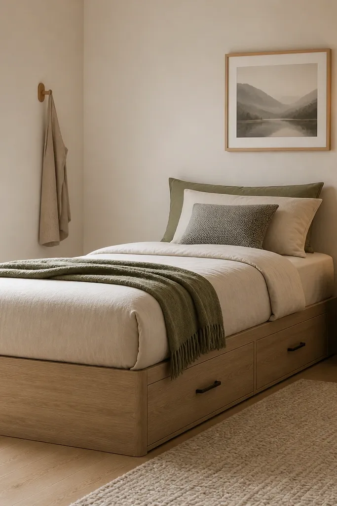 A small bed with a slight lift and wooden-look under-bed drawers. The drawers are closed with simple handles, and the room has a light rug and warm lamp.