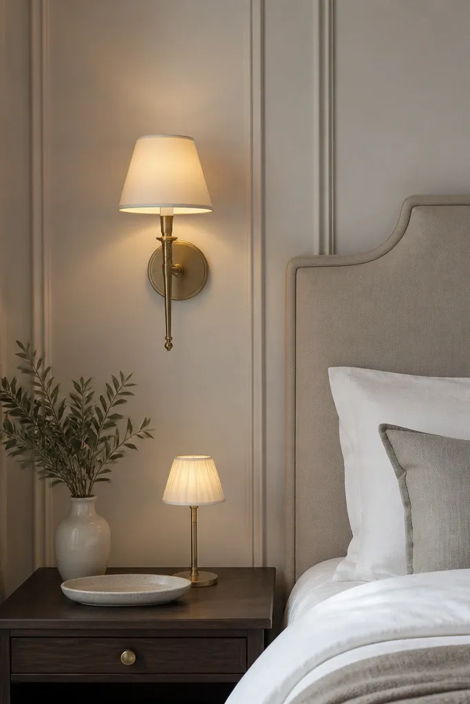 A wall with one sconce beside the bed and a small candle-style lamp on the nightstand. The lamp shade is warm cream, and the nightstand has a ceramic tray.