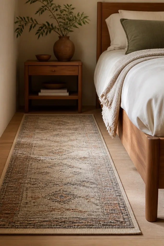 A narrow woven rug runner running alongside the bed, with a small rug pad visible at edges. The walls are warm beige, and the bed has a simple wooden frame.