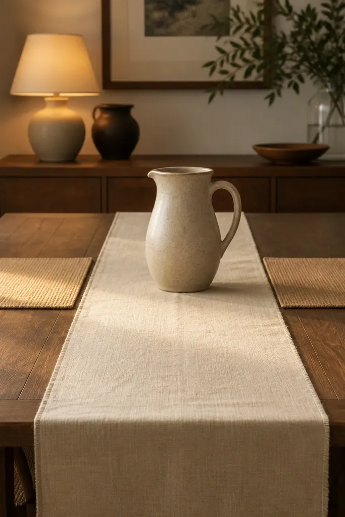 A dining table with a cream linen runner running lengthwise toward the viewer, two small tan placemats, and a simple ceramic pitcher centered. Warm lamplight makes the runner look slightly golden.