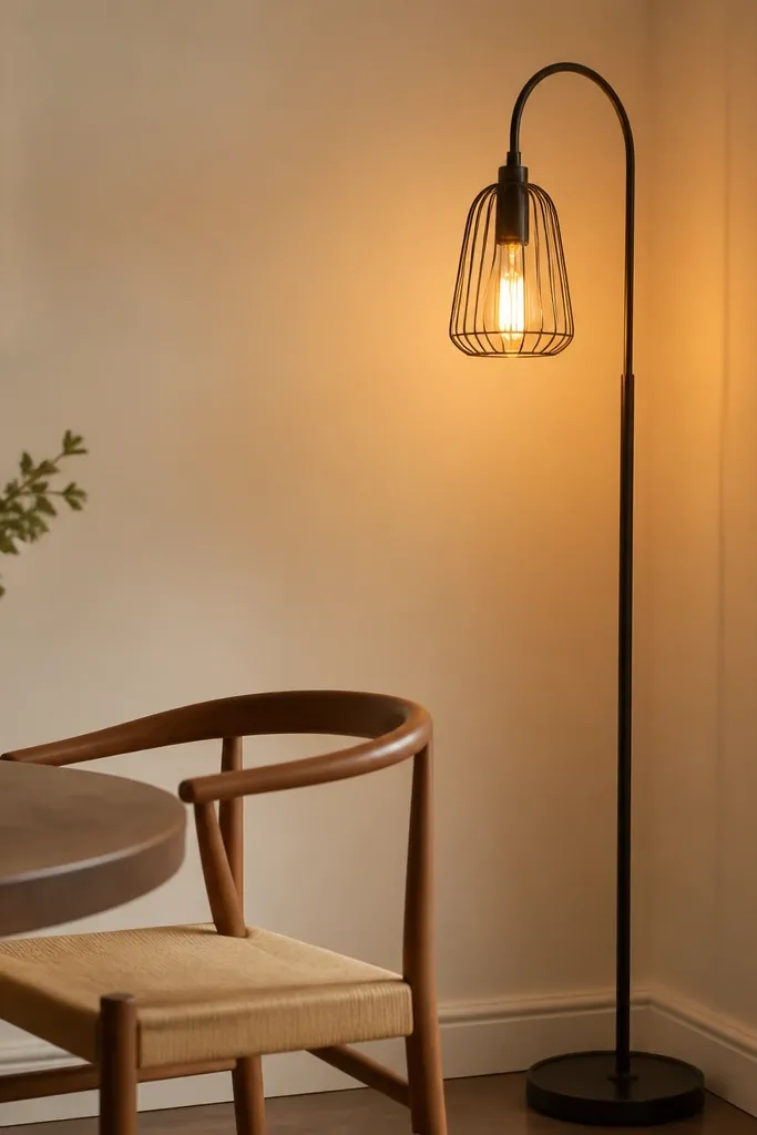 A corner lamp beside a dining chair with a warm amber bulb glowing. The wall behind it looks creamy rather than gray, and shadows are soft.
