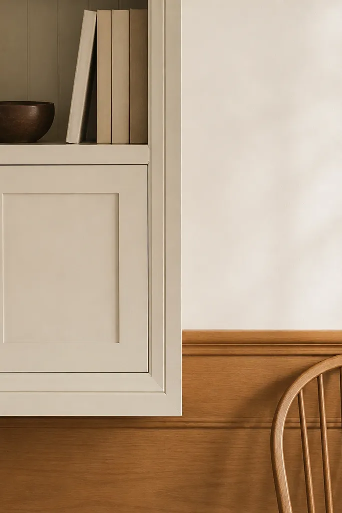 A wall cabinet in warm off-white paint next to a honey-colored wooden chair rail. The finishes look matte, not glossy, and the tones match.