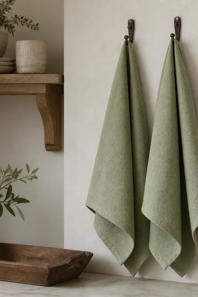 Two neatly folded sage green tea towels hanging on hooks near a kitchen shelf. A small wooden tray sits underneath.