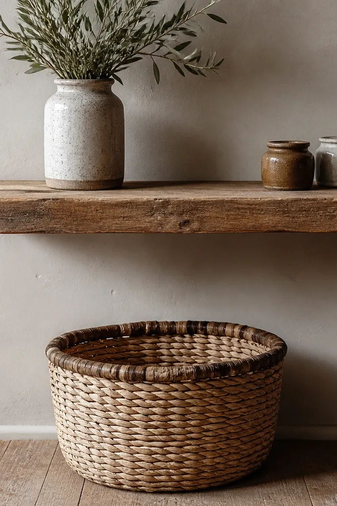 A wooden shelf with a basket below it. The basket is natural woven with a slightly darker rim, and a couple of small jars sit on the shelf.