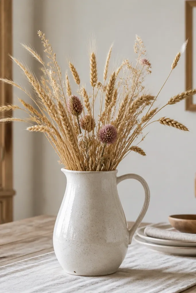 A ceramic pitcher filled with dried wheat and a couple of small flowers on a dining table. The pitcher is off-white with faint speckling.