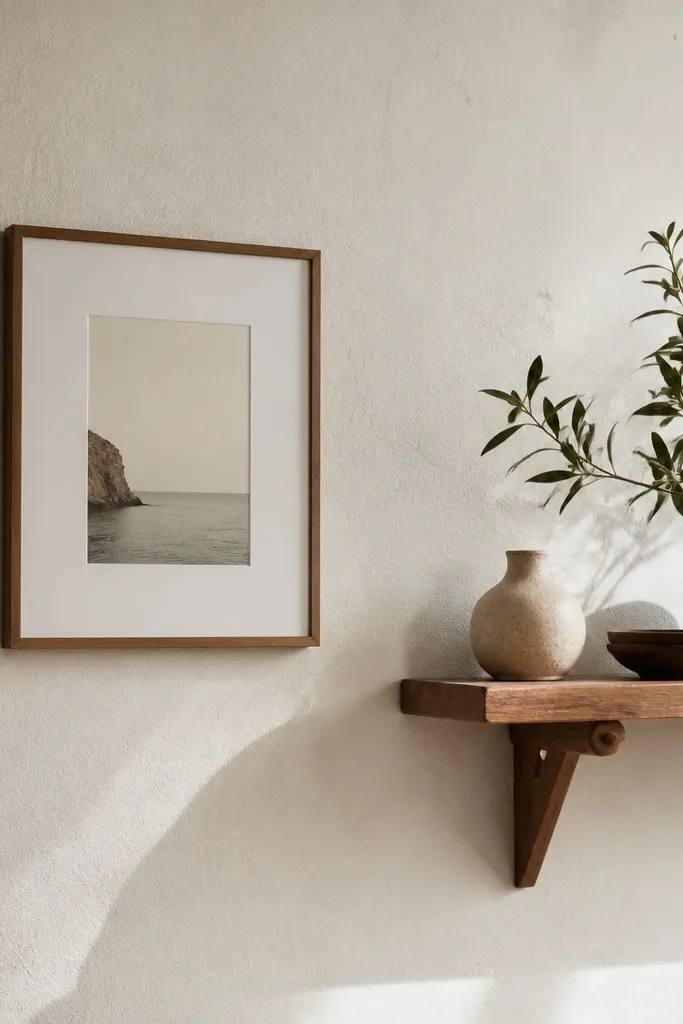 A wall painted warm off-white with visible matte texture. A small framed print and a wooden shelf sit on it.