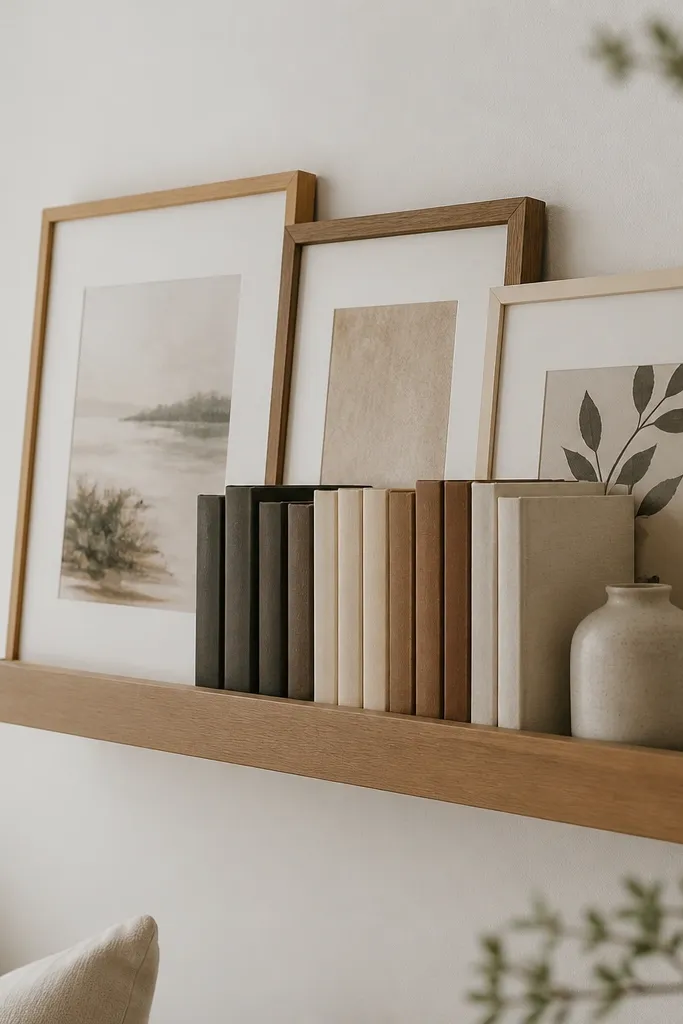 A small ledge shelf with three frames leaning behind a row of books. Frames are wood-toned and cream, with muted prints.
