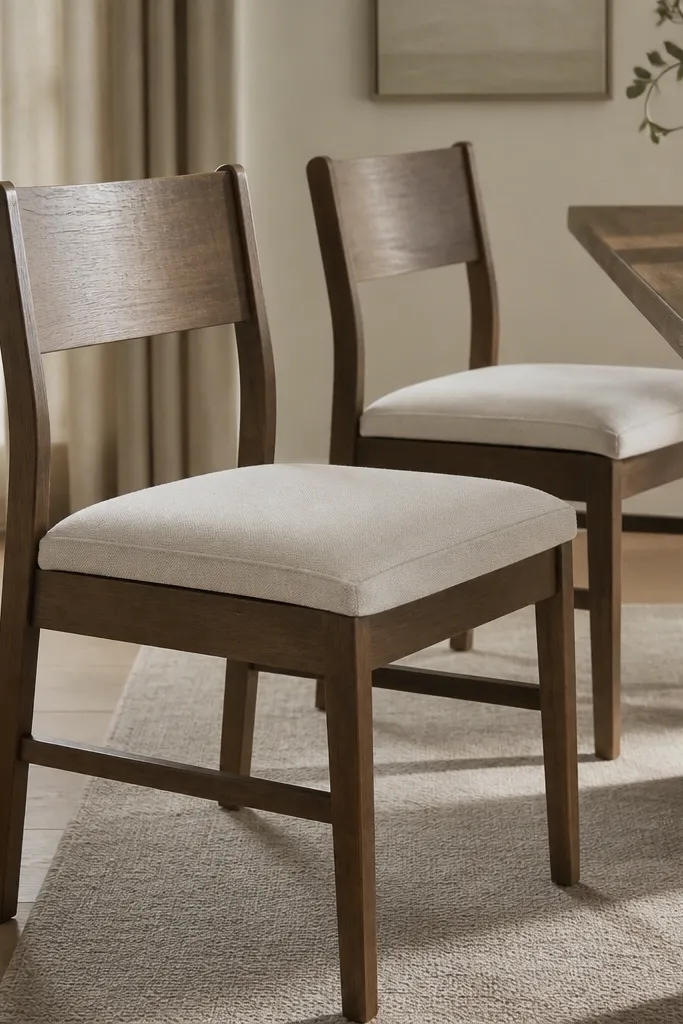 Two dining chairs with seat cushions in light oatmeal fabric. The cushions have a simple seam line and look padded but not bulky.