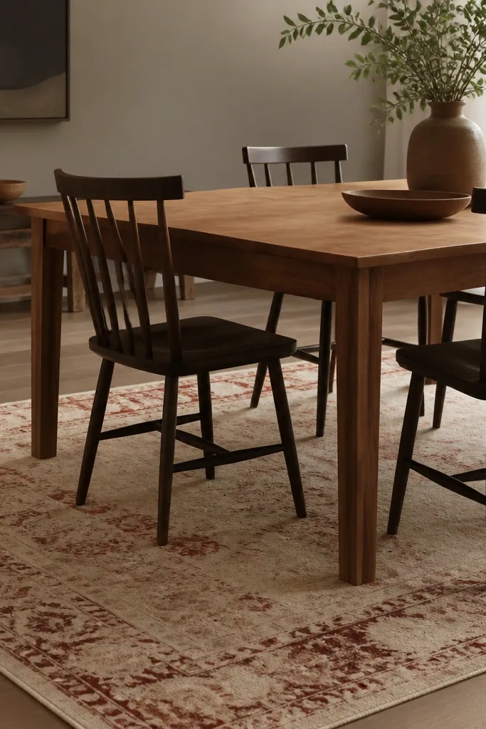 A small area rug under a dining table, cream base with faded red and brown patterning. The pattern looks like aged wool.
