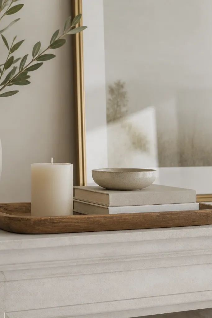 A mantel with a wooden tray holding a short candle, a small ceramic bowl, and a stack of two books. Behind it is a simple mirror or framed print.