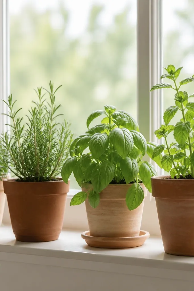 A windowsill with small herb plants in clay-colored pots. Pots vary slightly in size and shade, and a small saucer sits under one pot.