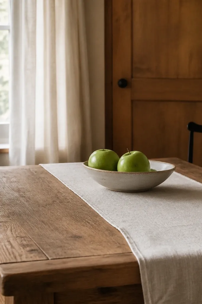 A farmhouse kitchen table in warm oak with a simple off-white linen runner. A small ceramic bowl sits on the runner with two green apples. Behind it, a wooden cabinet door and a window with light curtains.