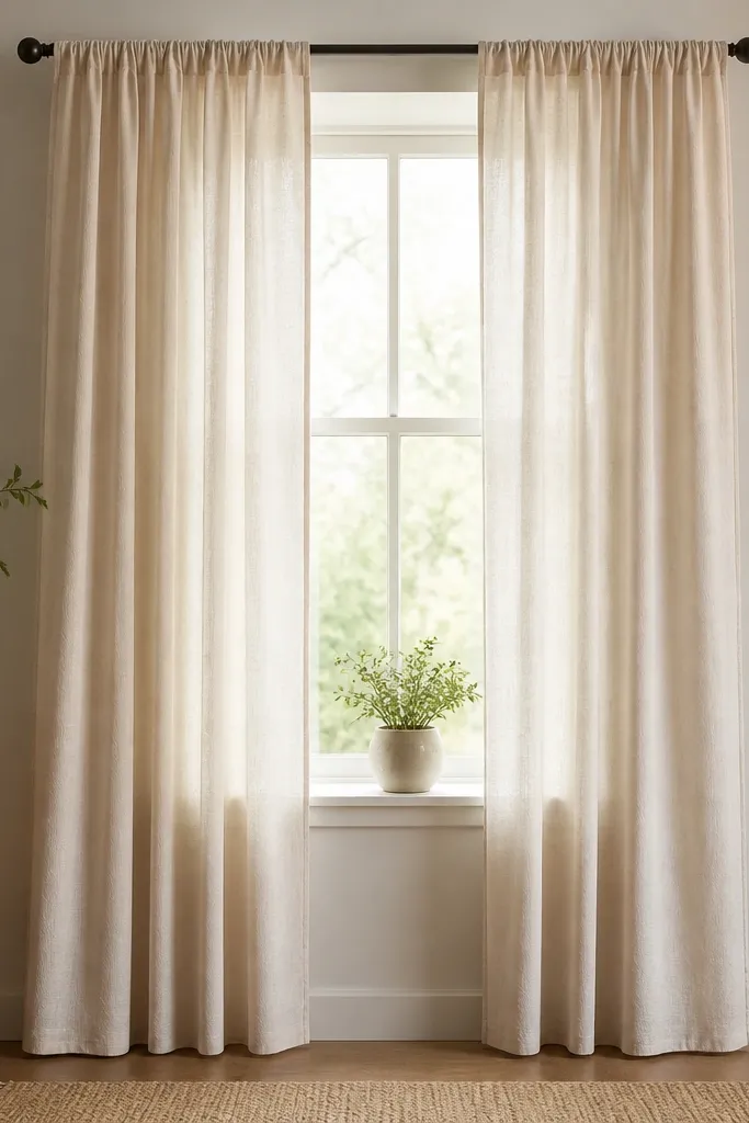 A window with cream linen-look curtains. The fabric gathers softly at the top and falls in relaxed folds to just above the floor. A small potted plant sits on the sill.