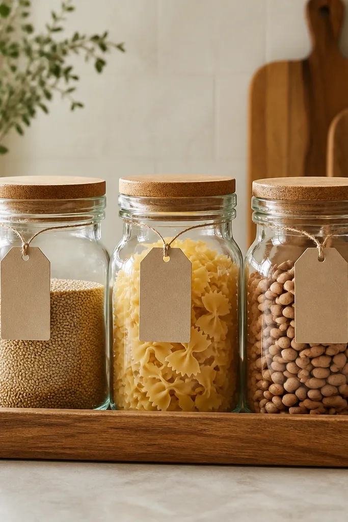 A kitchen counter with three glass jars labeled with simple paper tags. Inside are dry goods in warm tones: beige grains, pale yellow pasta, and light brown beans. A wooden tray holds everything.
