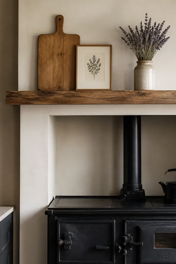 A black cast-iron stove with a mantel shelf above it. On the shelf are a wooden cutting board, a small framed botanical print, and a ceramic vase with dried lavender. Below, a simple utensil holder sits on the counter.