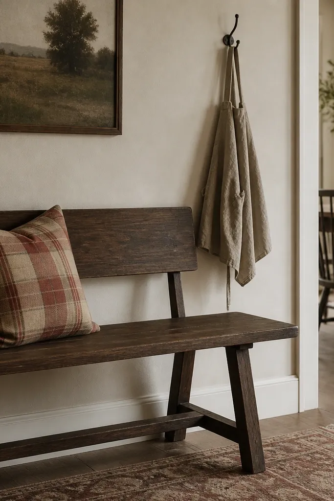 A dark walnut bench placed against a dining wall. A plaid throw pillow in muted red and tan sits on it. A wall hook holds a small cloth bag or apron.