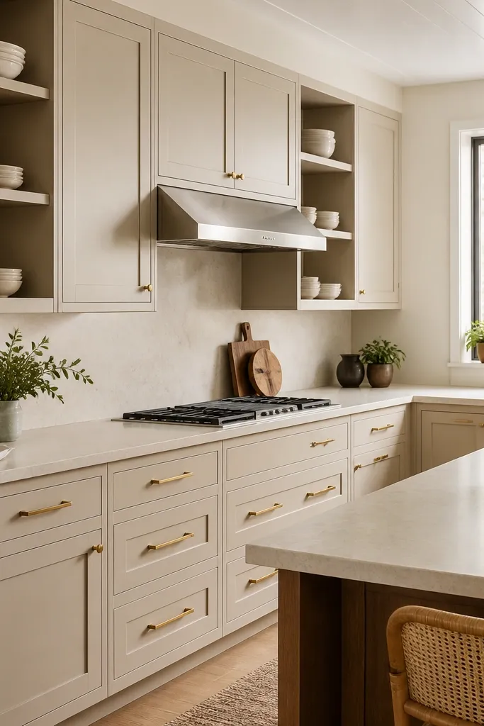 A kitchen with simple Shaker-style cabinet doors. The hardware looks brass-tone. The countertops are a light warm surface. A few cabinets have open shelving with neatly stacked plates.